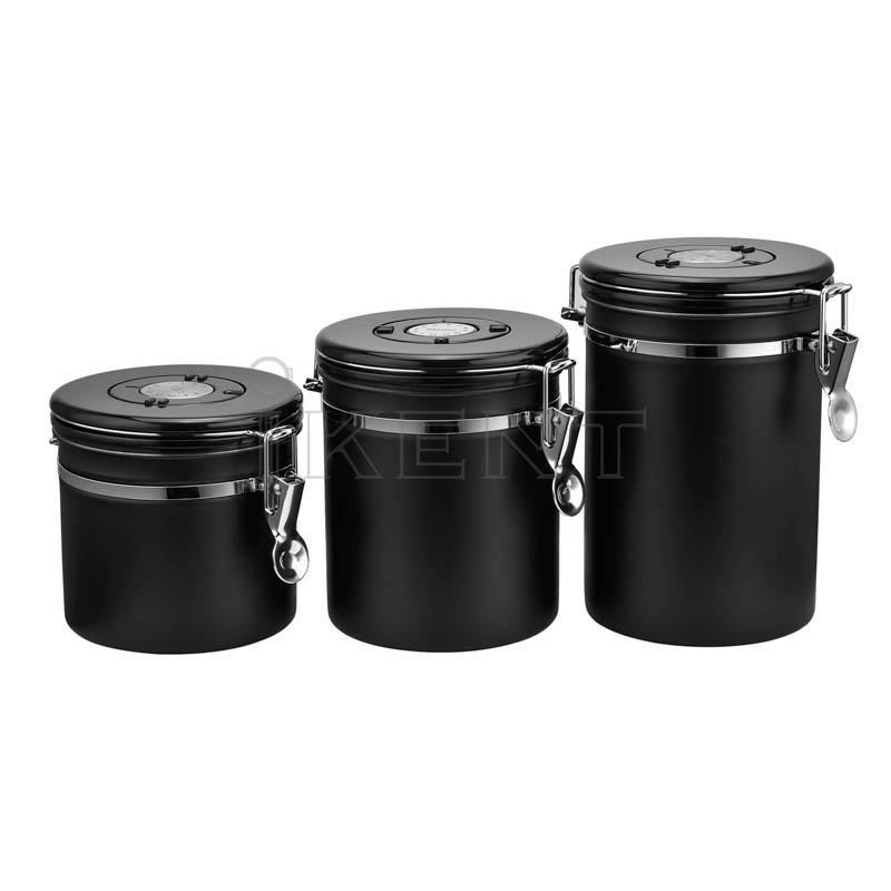 1.2L 1.5L 1.8L coffee bean canister stainless steel black CO2 exhaust container