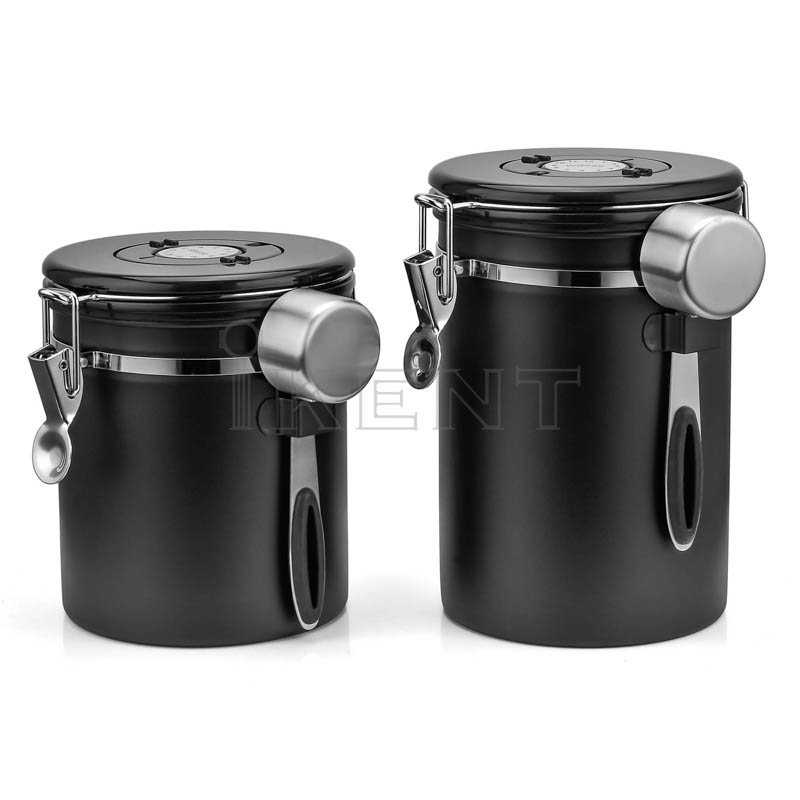 1Lb 1.5LB coffee bean canister stainless steel black CO2 exhaust lid container with scoop date tracker manufacture factory