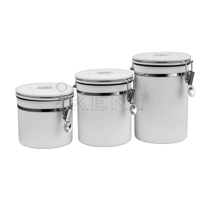 white kitchen storage tea flour cereal coffee bean canister airtight stainless steel CO2 exhaust lid container with scoop date tracker manufacture factory