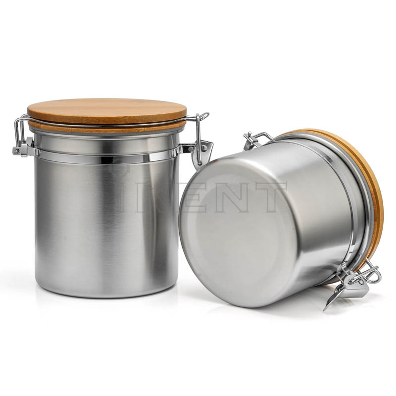 airtight canister container wooden lid stainless steel canister bean tea food cereal flour storage manufacturer supplier factory