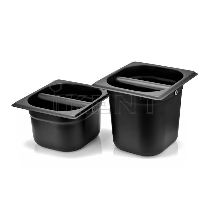 stainless steel coffee knock box black desktop rectangle coffee ground grind container with rubber knock bar factory manufacturer