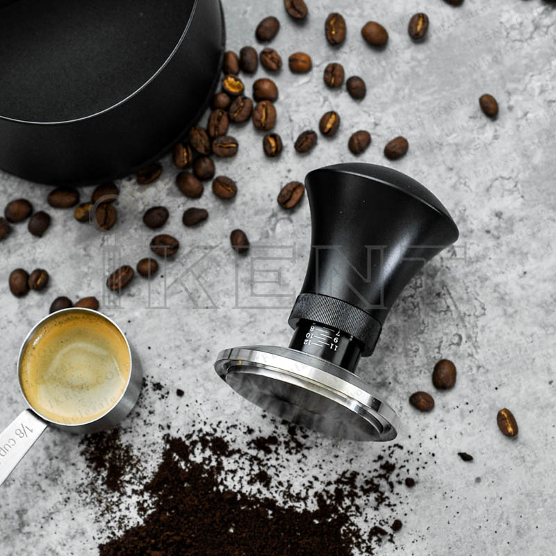 adjustable depth calibrated coffee tamper spring loaded stainless steel base bean press manufacturer